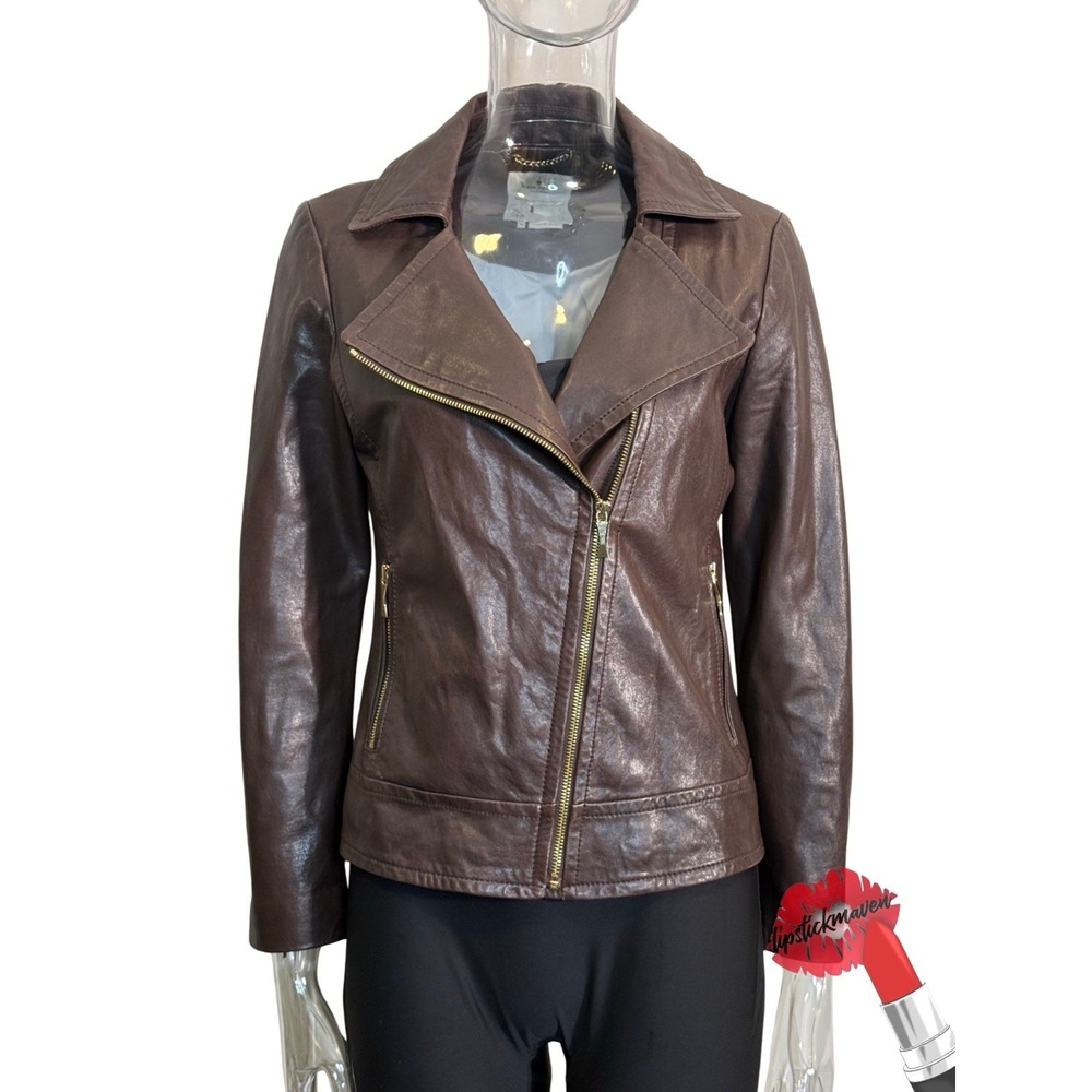 Kate Spade New York Bike Leather Jacket Womens 4 Brown Full-Zip Preppy Girly